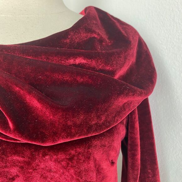 Ruby Red Velvet Tunic Blouse Small Long Sleeves Bertha Cowl Collar Goth Boho - Picture 4 of 11